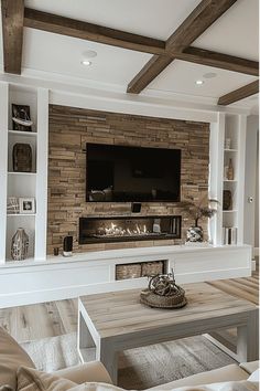 Under Tv Living Room Decor, 75" Tv Wall Ideas, Media Wall Ideas Living Room, Recessed Tv Wall Ideas, Fireplace Entertainment Wall, Farmhouse Tv Wall Design Ideas, Big Tv Wall Ideas Living Room, Living Room With Fireplace And Tv, Living Room Inspo Cozy