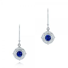 Vintage-Inspired Blue Sapphire and Diamond Earrings | Joseph Jewelry | Bellevue | Seattle | Online | Designers of Fine Custom Jewelry Elegant Blue Gia Certified Diamond Earrings, Elegant Blue Diamond Earrings With Pave Setting, White Gold Sapphire Earrings With Pave Setting, Classic Blue Platinum Earrings, Blue Gia Certified Diamond Earrings For Wedding, Formal Blue Pave Set Earrings, Blue Pave Set Earrings For Formal Occasions, Blue Halo Diamond Earrings Luxury Style, Blue Diamond Earrings With Pave Setting