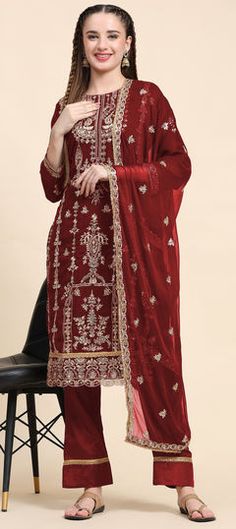 Red and Maroon color Salwar Kameez in Faux Georgette fabric with Embroidered, Resham, Thread work Red Chinon Churidar For Diwali, Red Churidar With Intricate Embroidery For Reception, Red Churidar For Diwali Reception, Red Churidar For Reception At Diwali, Red Churidar For Reception During Diwali, Red Chinon Unstitched Suit With Zari Work, Red Dupatta For Eid Reception, Red Churidar With Zari Work For Reception, Red Unstitched Suit With Intricate Embroidery For Reception