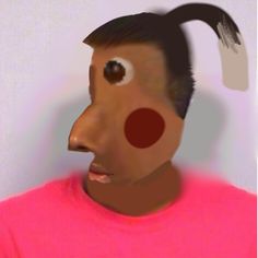 a digital painting of a man with a red nose and black hair wearing a pink shirt