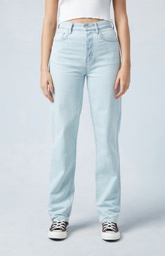 Take on the weekend in total comfort this season with PacSun's Light Blue Dad Jeans. These ultra-comfy jeans have a high-waisted design and a flattering straight-leg fit that's roomy through the hip and thigh. Demin Jeans, Jeans Female, Jeans Pacsun, Refer A Friend, Comfy Jeans, Pacsun Jeans, Shop Light, Dad Jeans, Me Now