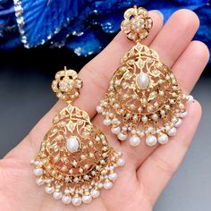 Pearl chandbali earrings 22k Gold Teardrop Jewelry For Wedding, Gold Plated Cutdana Earrings For Gift, Gold Plated Earrings As Gift, Elegant Kundan Pearl Drop Earrings, Pearl Chandbali Earrings For Receptions, Kundan Bridal Earrings With Pearl Drop For Formal Occasions, Yellow Gold Kundan Earrings With Intricate Design, Formal Kundan Bridal Earrings With Pearl Drop, Elegant White Kundan Earrings