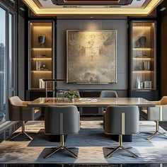 an elegant dining room with modern chairs and art work on the wall above the table