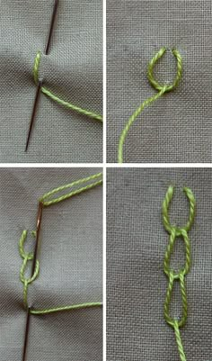 four pictures showing how to tie a knot on a piece of fabric with scissors and thread