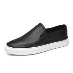 Category:Loafers  Slip-Ons,Sneakers; Upper Materials:Leather; Season:Summer,Spring; Gender:Men's; Toe Shape:Round Toe; Style:Casual,Sporty; Outsole Materials:Rubber; Occasion:Outdoor,Daily; Closure Type:Slip-on; Pattern:Solid Colored; Listing Date:01/04/2024; 2024 Trends:Skate Shoes; Size chart date source:Provided by Supplier. Black Slip-on Sneakers With Textured Sole For Summer, Summer Leather Flat Slip-on Sneakers, Casual Leather Slip-ons With Contrast Sole, Black Closed Toe Casual Slip-on Sneakers, Casual Black Slip-ons With Contrast Sole, Casual Closed Toe Leather Shoes For Streetwear, Summer Black Sneakers With Vulcanized Sole, Black Vulcanized Sole Sneakers For Summer, Casual Black Slip-ons With Leather Sole