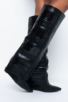 Look at these Stunning Black Hidden Wedge Boots! These shoes have a fold over silhouette, a pointed toe, and a full back zip for easy on-off. Horizontal quilted patent panels are also featured for an additional flair! 3.5 inch heel height *Runs small, we recommend sizing up 1 size!* Rave Boots, Hidden Wedge Boots, Chunky Platform Sandals, Azalea Wang, Pointed Toe Boots, Black Heel Boots, Colorful Shoes, Black Wedges, Fall Shoes