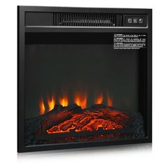 an electric fireplace with flames on the side and black frame, isolated against a white background