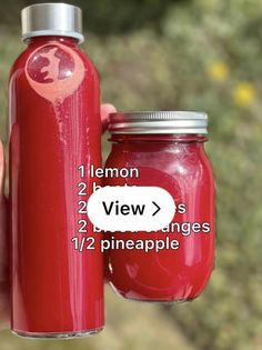 a hand holding a red glass jar filled with liquid and labeled lemon 2, 3, 4, 5, view images 12 pineapple