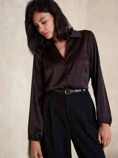 Satin Covered-Button Blouse | Banana Republic Factory Elegant Brown V-neck Blouse, Elegant Blouse With Johnny Collar, Chic Blouse With Johnny Collar For Work, Chic Workwear Blouse With Johnny Collar, Classic Blouse With Johnny Collar And Button Closure, Johnny Collar Blouse For Workwear In Fall, Elegant Johnny Collar Blouse, Brown V-neck Blouse For Office, Classic Brown Blouse With Button Cuffs