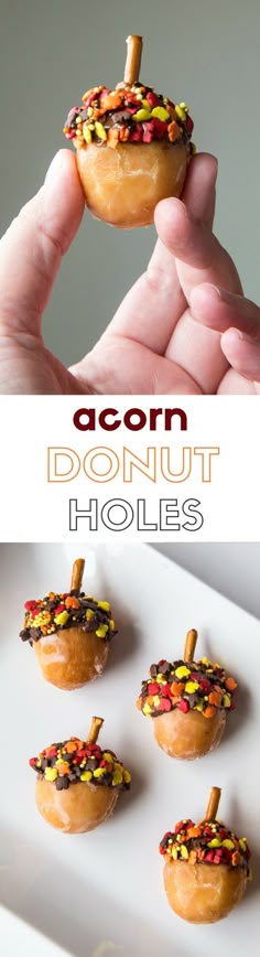 donut holes with candy sprinkles on them and the words acon donut holes above them