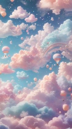 the sky is filled with balloons and clouds