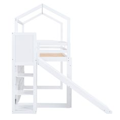 a white bunk bed with a slide on the bottom and shelves below it, in front of a white background