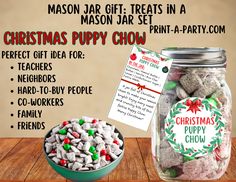 a jar filled with christmas puppy chow next to a bowl full of candy and a note