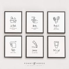 four black and white prints with different types of bathroom items on the wall above them