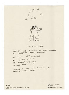 an old handwritten letter with two people looking up at the moon and stars in the sky