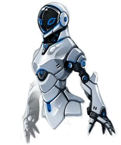 a white robot with blue eyes and arms