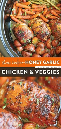 SLOW COOKER HONEY GARLIC CHICKEN AND VEGGIES, crocktober, crockpot meals Honey Garlic Chicken And Veggies, Slow Cooker Honey Garlic Chicken, Resep Vegan, Veggies Recipes, Chicken And Veggies, Crockpot Dinners, Salad Pasta, Honey Garlic Chicken, No Cooking