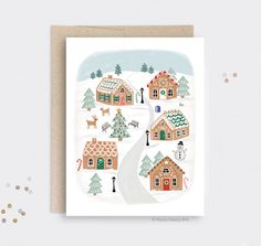 a christmas card with houses and trees in the snow