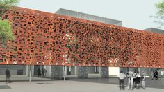 an artist's rendering of the outside of a building with people standing in front of it