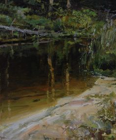 an oil painting of a river in the woods