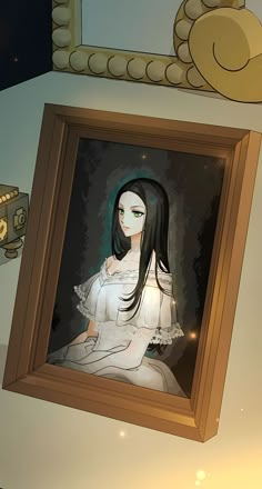 a painting of a woman with long black hair and green eyes sitting in front of a teddy bear