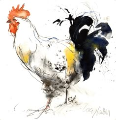 an ink drawing of a rooster with yellow and black spots on it's feathers