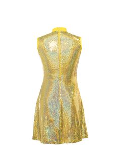 This gorgeous Yellow Spotlight Sewn-On Sequin Show Choir Dress has roomy hips to hem so dress stays down while dancing. Flattering cut gives no-cling shape and strong coil zipper assists in quick costume changes. Add a 4-row stretch rhinestone trim to neckband for total effect! Limited edition material. Show Choir Dress Features Sturdy zipper in back from hips to top of collar for fast on/off Comfortable binding around armholes Lined in soft knit polyester Includes color-matching high waist brie Fitted Sequin Mini Dress For Festive Occasions, Fitted Mini Sequin Dress For Festive Occasions, Fitted Mini Sequin Dress For Festive Season, Festive Fitted Mini Length Sequin Dress, Festive Fitted Mini Sequin Dress, Gold Fitted Disco Dress, Spring Fitted Knee-length Sequin Dress, Fitted Sleeveless Dance Dress, Spring Dance Sleeveless Dress