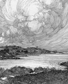 an ink drawing of clouds over the ocean and land, with trees in the foreground