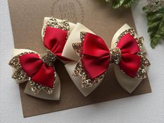 I love these bows !! Such cute ivory , gold, and red Christmas hair bows. The perfect Christmas accessories  to celebrate your little princess' Christmas or to visit Santa. My boutique hair bows are Light weight and attached to a no-slip alligator clips, perfect for girls of all ages.  Hair Bows  Measures Approx. 3.25" x 2.5" . Please reference the size before purchasing to ensure it is the size you would like. I do not accept returns.  Back to Pink hair bow boutiques store :  https://www.etsy.com/shop/PinkHairBowBoutique Christmas Hair Bows Ribbon, Christmas Bows For Hair, Christmas Hair Bows Diy, Bows In Hair, Christmas Hairstyle, Christmas Party Hairstyles, Princess Christmas, Pigtail Hair Bows, Holiday Hair Bows