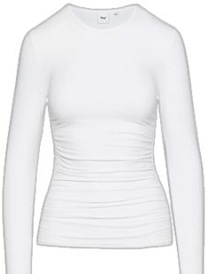 Chic White Crew Neck Long Sleeve Top, Chic White Long Sleeve Crew Neck Top, Spring Bodycon Long Sleeve Top, Casual Fitted Long Sleeve Ruched Top, Casual Fitted Ruched Long Sleeve Top, Fitted Ruched Long Sleeve Casual Top, Bodycon Long Sleeve Tops For Fall, Fall Bodycon Long Sleeve Tops, White Ruched Stretch Top