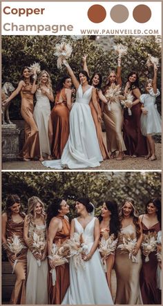 This fall wedding color palette features elegant copper and champagne bridesmaid dresses paired with soft, neutral pampas grass accents. The copper tones add warmth, while the champagne brings a subtle elegance, creating a balanced and sophisticated look. This color combination is perfect for bridesmaid dresses, floral decor, and reception styling, adding a warm, earthy feel to any fall wedding. Check out the blog post to see 25+ more fall wedding color palette ideas. Photos by hayley crone photo Sedona Wedding Bridesmaids, Rust Sage And Beige Wedding, Champagne Copper Wedding, Champagne Tones Bridesmaid Dresses, Pampas Color Palette, Copper Wedding Bridesmaid Dresses, Mixed Neutrals Bridesmaid Dresses, Copper And Grey Wedding, Terrocata Bridesmaid Dresses