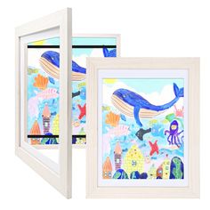 two framed art pieces, one with an image of a blue whale and the other with sea animals