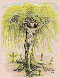 a drawing of a tree with green leaves on it's branches and a woman in the middle