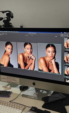 a computer screen with multiple images of women on it and a camera attached to the monitor