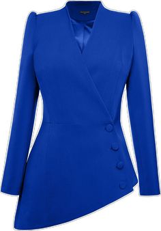 Elegant Asymmetrical Blazer For Business, Semi-formal Long Sleeve Blue Blazer Dress, Blue Long Sleeve Semi-formal Blazer Dress, Blue Long Sleeve Blazer Dress For Semi-formal Events, Blue Fitted Blazer Dress With Notch Lapel, Fitted Blue Blazer Dress With Notch Lapel, Elegant Asymmetrical Outerwear For Office, Asymmetrical Blazer For Business In Spring, Spring Asymmetrical Business Blazer