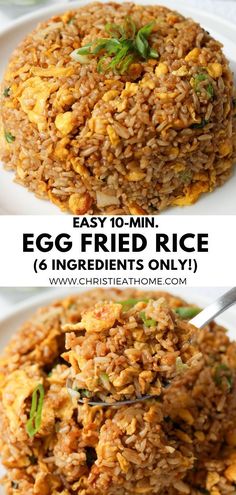 an egg fried rice recipe on a white plate