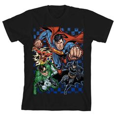 a black t - shirt with the image of superman and other dc characters on it