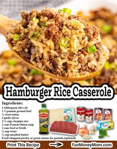 an advertisement for hamburger rice casserole on a wooden spoon with meat and vegetables