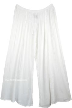 Everyday summer essentials, crinkled white cotton semi-sheer pants.  You`ll love the look and feel of these cool breezy textured separates. #tlb #SplitSkirtsPants #Crinkle #XLPlus #Yoga #vacationclothing #beachwrap #Solid #WhiteSplitSkirt #WhiteCottonPants White Breezy Loungewear Bottoms, Breezy White Loungewear Bottoms, White Harem Pants For Summer Vacation, White Breezy Bottoms For Beach Season, Breezy White Bottoms For Summer, White Harem Pants For Beach In Summer, White Breezy Cotton Bottoms, Breezy White Cotton Bottoms, White Wide Leg Breezy Bottoms