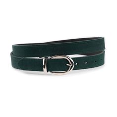 Elevate your wardrobe with our Dark Green Suede Ladies Reversible Belt, a luxurious accessory designed to add elegance to any outfit. Made from genuine suede leather, this double-sided belt offers a rich dark green suede on one side and classic black leather on the reverse, giving you two chic options in one versatile piece. With a belt width of 1 1/8" (3.0 cm), this belt provides a comfortable and flattering fit, perfect for both casual and formal attire. The nickel silver buckle adds a sleek, Reversible Belt, Dress Belt, Green Suede, Nickel Silver, Suspender Belt, Formal Attire, Leather Dress, Double Face, Stylish Accessories