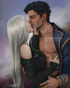 a painting of a man kissing a woman's face with long white hair on her chest