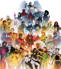 a group of people standing next to each other in front of a white background with the words x - men on it