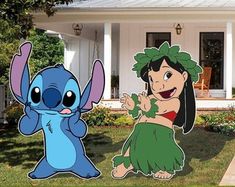 two cartoon characters standing in front of a house