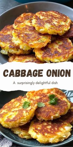 some pancakes are stacked on top of each other with the words cabbage onion above them