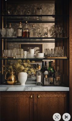 Home Bar Bookshelf, Jean Stoffer Bar, Built In Bar Bookshelf, Swanky Home Bar, Dry Bar Styling, Dining Room With Built In Bar, Small Bourbon Bar, Dry Bar Built In, Arched Dry Bar