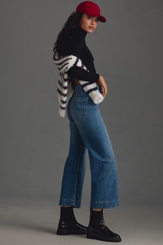 Our bestselling, best-reviewed pair—EVER—has now been reimagined with adaptive features for universal wear. Beloved for its form-fitting, insanely comfortable high rise and just-right wide leg, the Colette can now be enjoyed by every body. | The Colette Cropped High-Rise Wide-Leg Jeans by Maeve in Blue, Women's, Size: 30, Cotton/Elastane/Lyocell at Anthropologie Crop Pants With Ankle Boots, Denim Inspiration, Cropped Wide Leg Jeans, High Rise Wide Leg Jeans, Cropped Wide Leg Pants, Capsule Outfits, Blue Fits, Fall Fits, Virtual Closet