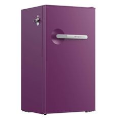 a purple refrigerator freezer sitting on top of a white floor