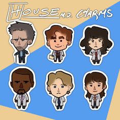 the house and charms stickers are shown in different styles, including one man's face