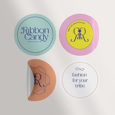 four round stickers with the words fashion for your bride and ribbon candy on them