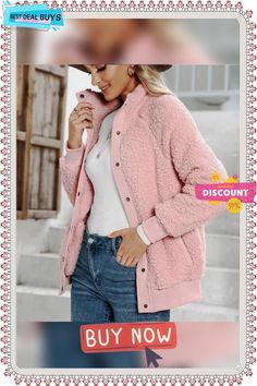 Lamb Plush Cardigan Jacket Double-sided Plush Jacket Coat Casual Button-up Fleece Jacket For Winter, Casual Spring Fleece Jacket For Cold Weather, Casual Fleece Jacket For Spring Cold Weather, Casual Fleece Jacket For Cold Weather In Spring, Casual Fleece Jacket With Stand Collar For Fall, Fall Fleece Jacket With Stand Collar And Pockets, Long Sleeve Fleece Jacket With Buttons For Winter, Pink Long Sleeve Outerwear With Button Closure, Pink Single Breasted Long Sleeve Outerwear